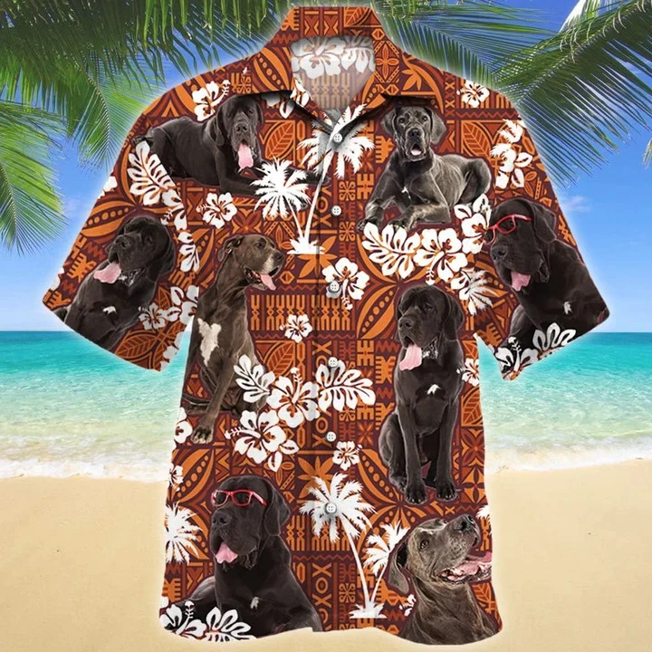 Black Great Dane Dog Lovers On Red Tribal Pattern Trendy Hawaiian Shirt Black Great Dane Dog Lovers On Red Tribal Pattern Trendy Hawaiian Shirt