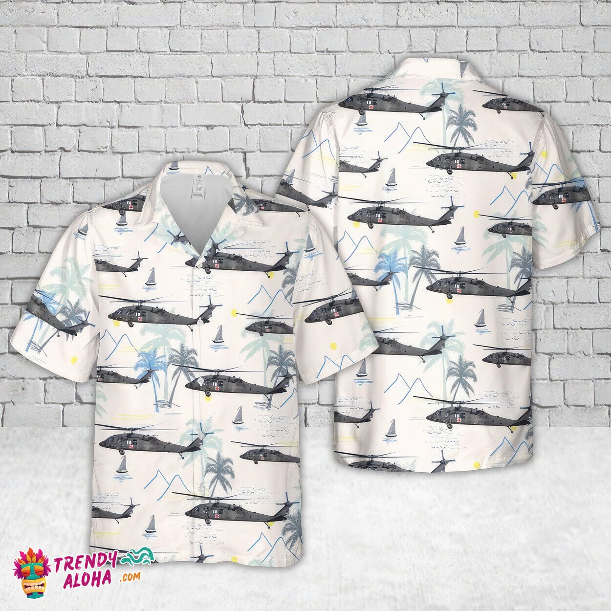 Black Hawk Helicopter Graphic Print Patriotic Hawaiian Summer Shirt