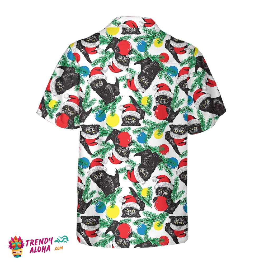 Black Kitten Wearing Santa Hat Hawaiian Shirt, Funny Christmas Cat Shirt