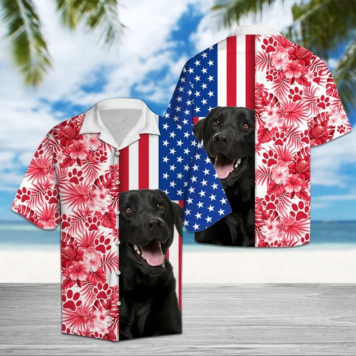 Black Labrador Retriever Usa And Watercolor Tropical Red Plants Trendy Hawaiian Shirt