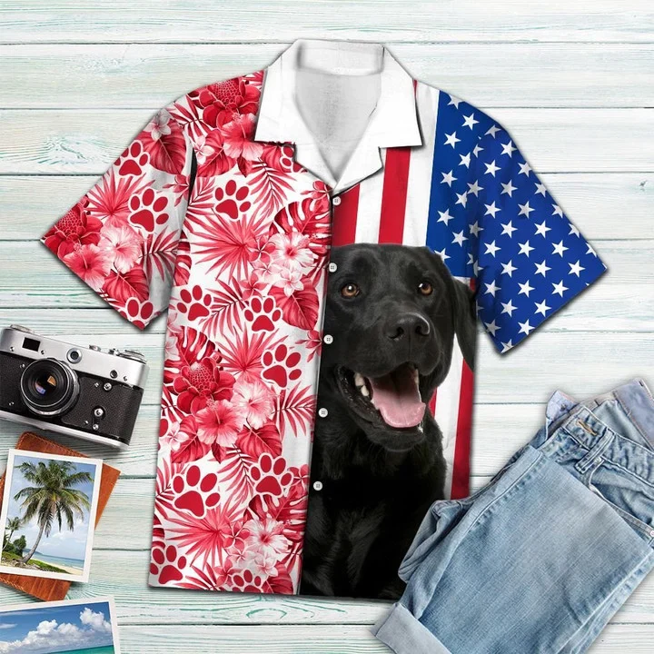 Black Labrador Retriever Usa And Watercolor Tropical Red Plants Trendy Hawaiian Shirt Black Labrador Retriever Usa And Watercolor Tropical Red Plants Trendy Hawaiian Shirt