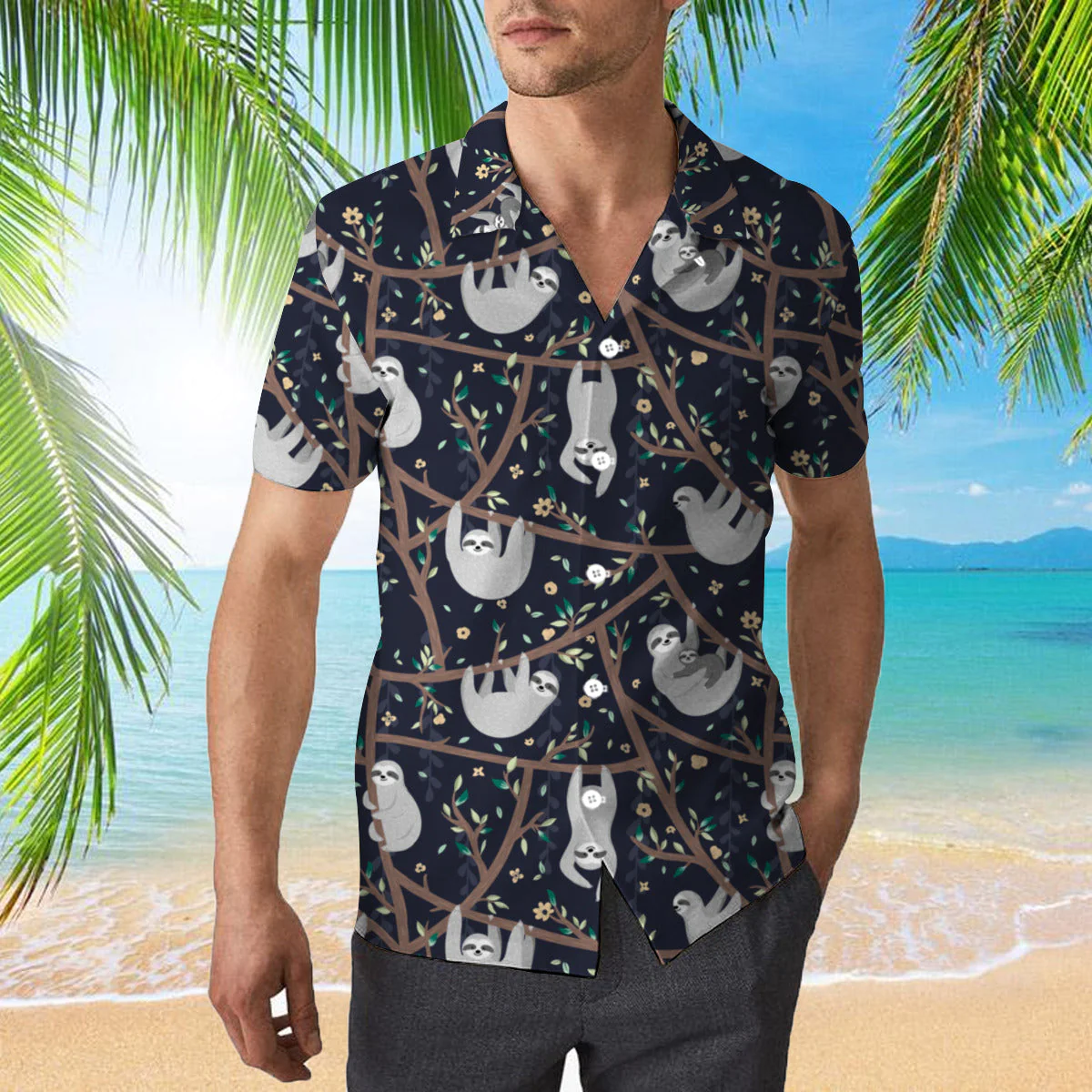 Black Lazy Sloth Trendy Hawaiian Shirt