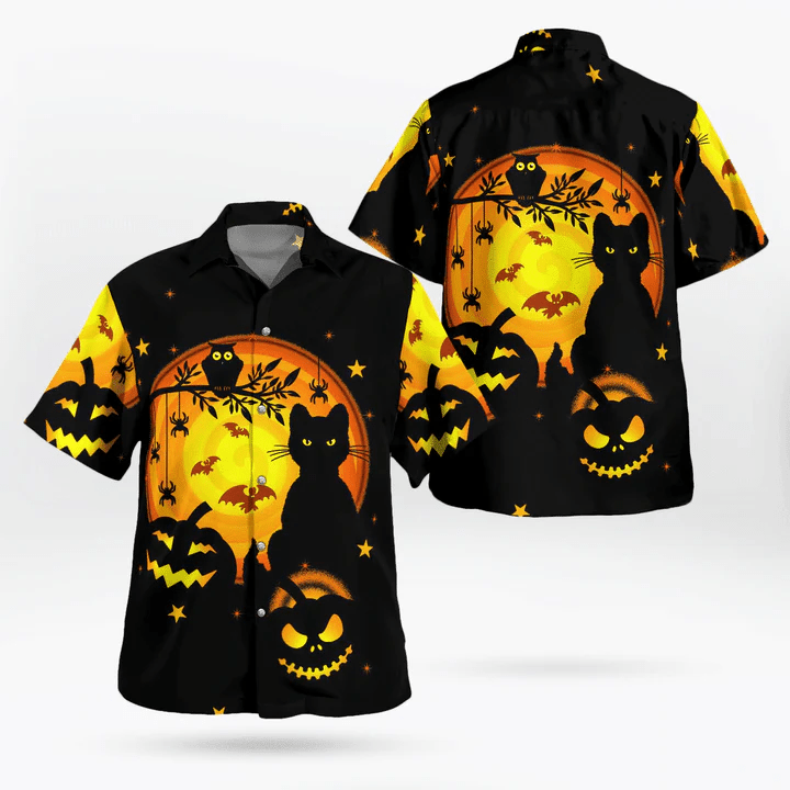Black Night Halloween Spooky Night Pumpkin Cat Owl Bat Trendy Hawaiian Shirt, Unisex Print Aloha Short Sleeve Casual Shirt Black Night Halloween Spooky Night Pumpkin Cat Owl Bat Trendy Hawaiian Shirt, Unisex Print Aloha Short Sleeve Casual Shirt