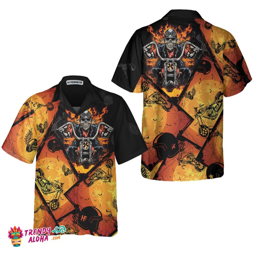 Black Orange Layout Skull Biker Motorcycle Hawaiian Shirt, Flame Skull Motorcycle Shirt, Gift For Bikers