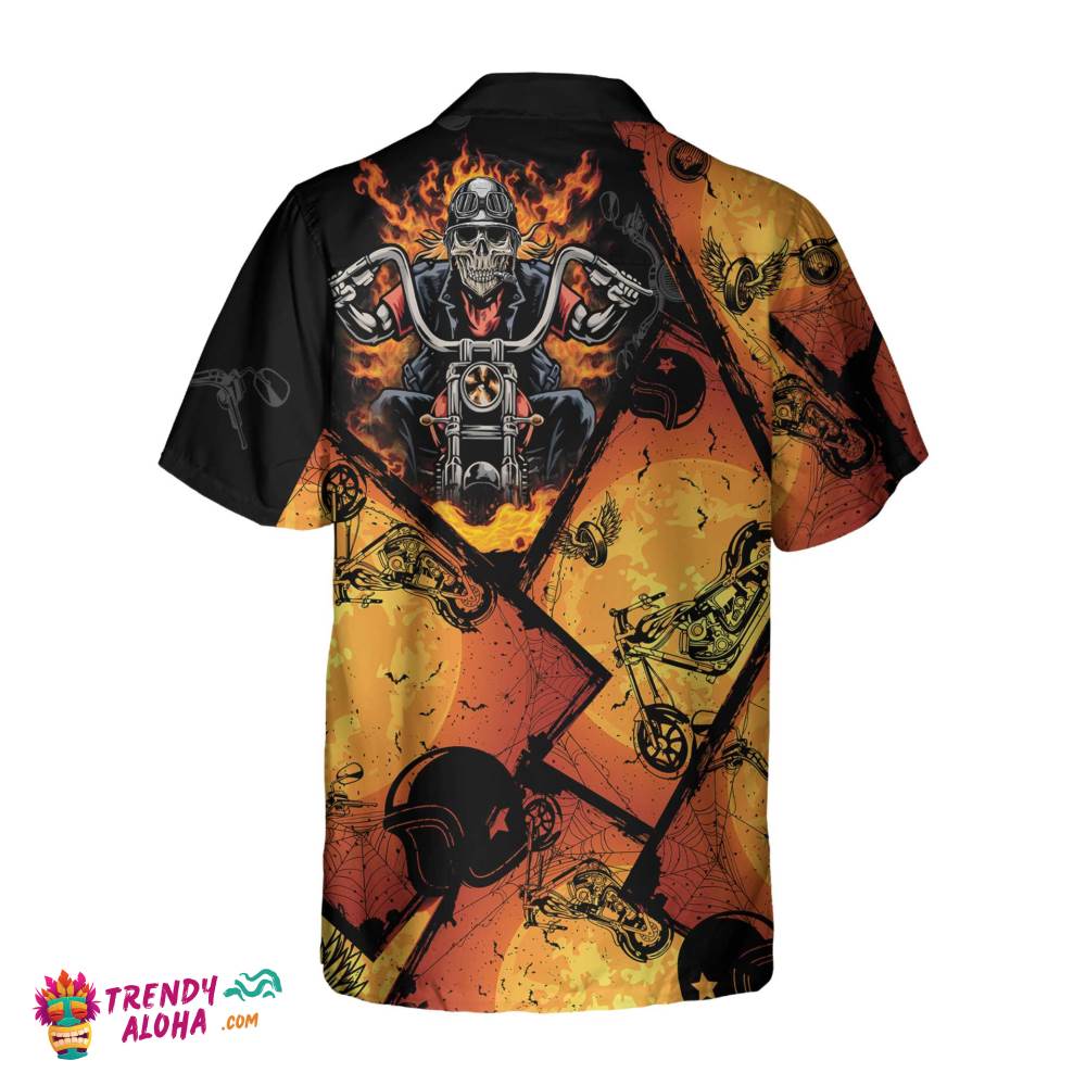 Black Orange Layout Skull Biker Motorcycle Hawaiian Shirt, Flame Skull Motorcycle Shirt, Gift For Bikers
