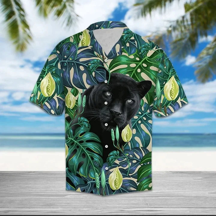 Black Panther Among Monstera Leaves Trendy Hawaiian Shirt