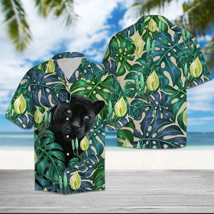 Black Panther Among Monstera Leaves Trendy Hawaiian Shirt