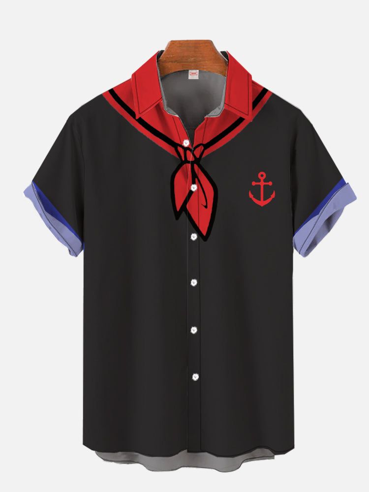 Black Popeye Dress Up Red Bow Tie Print Short Sleeve Aloha Hawaiian Shirt