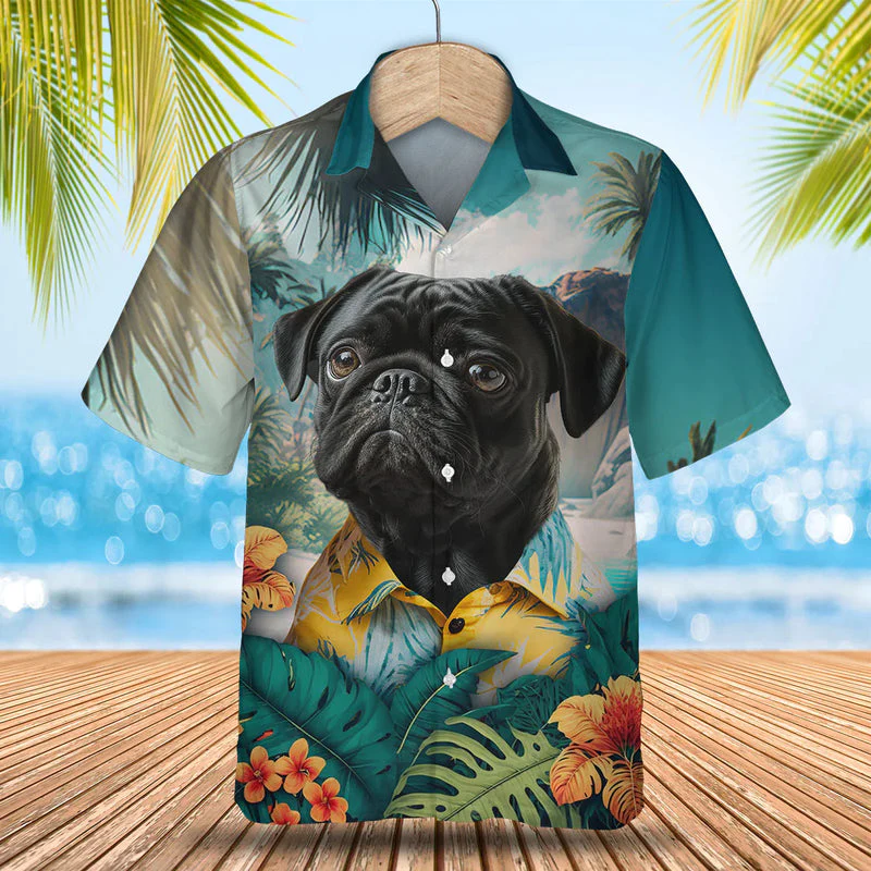 Black Pug 3D Tropical Trendy Hawaiian Shirt, Dog Lover Trendy Hawaiian Shirt, Summer Trendy Hawaiian Shirt For Men And Women