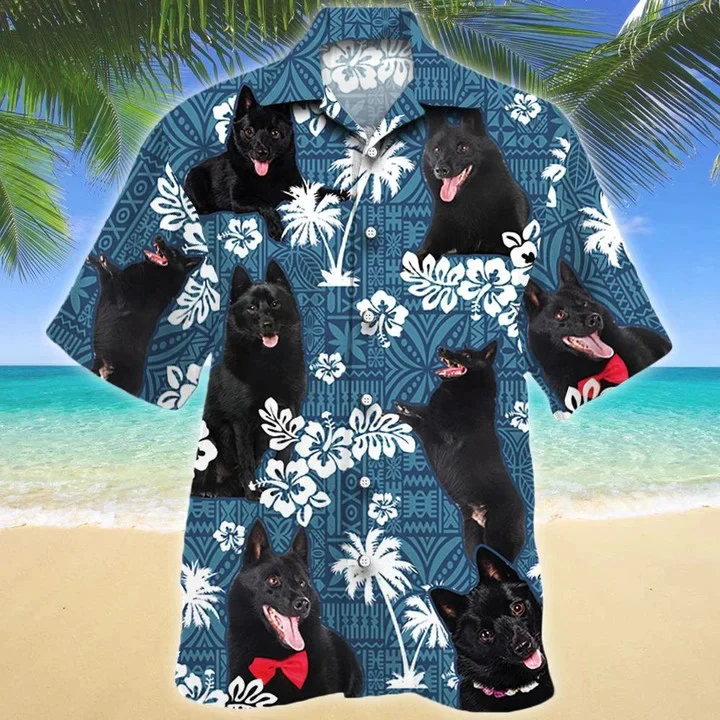 Black Schipperke Dog And Hibiscus On Blue Tribal Pattern Trendy Hawaiian Shirt