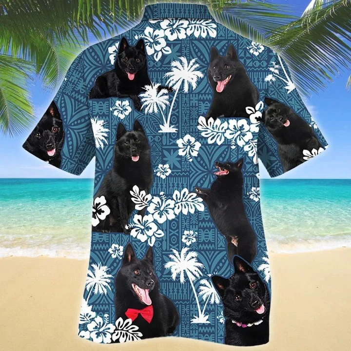 Black Schipperke Dog And Hibiscus On Blue Tribal Pattern Trendy Hawaiian Shirt