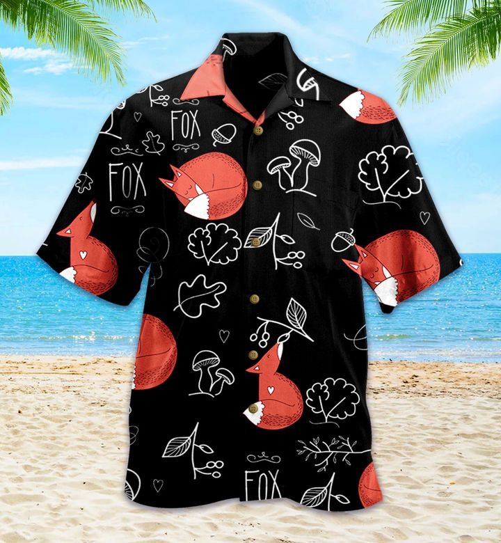Black Summer Hawaiian Shirt Featuring Sleeping Fox Design