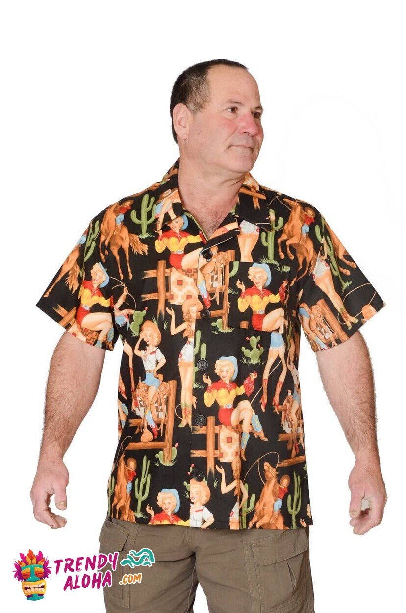 Black Western Cowgirl Retro Pattern Stylish Hawaiian Theme Shirt for Her