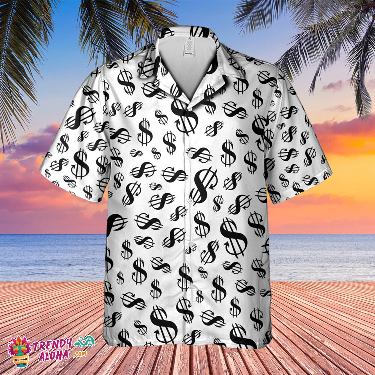 Black White Dollar Art Vintage Short Sleeve Hawaiian Shirt