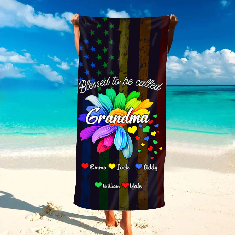 Blessed Mimi Rainbow Flower US Flag Personalized Beach Towels Gift