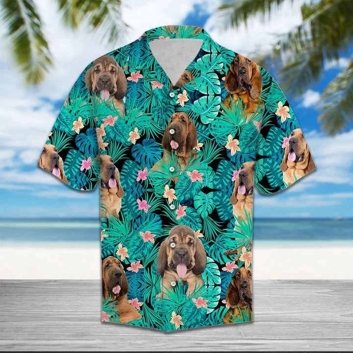 Bloodhound Among Hibiscus Flowers And Leaves Trendy Hawaiian Shirt