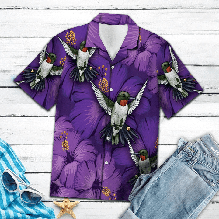 Blossom Purple Hibiscus With Hummingbird Hawaiian Shirt