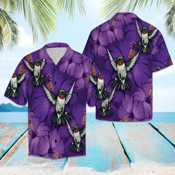 Blossom Purple Hibiscus With Hummingbird Hawaiian Shirt