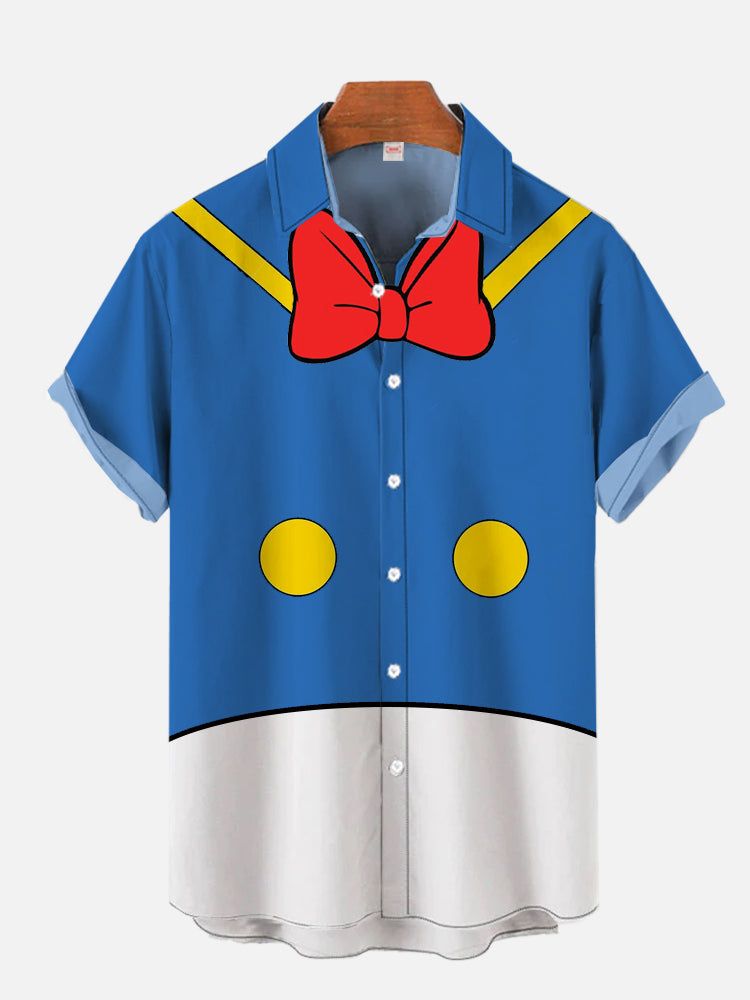 Blue And White Stitching Cartoon Duck Costume Short Sleeve Aloha Hawaiian Shirt