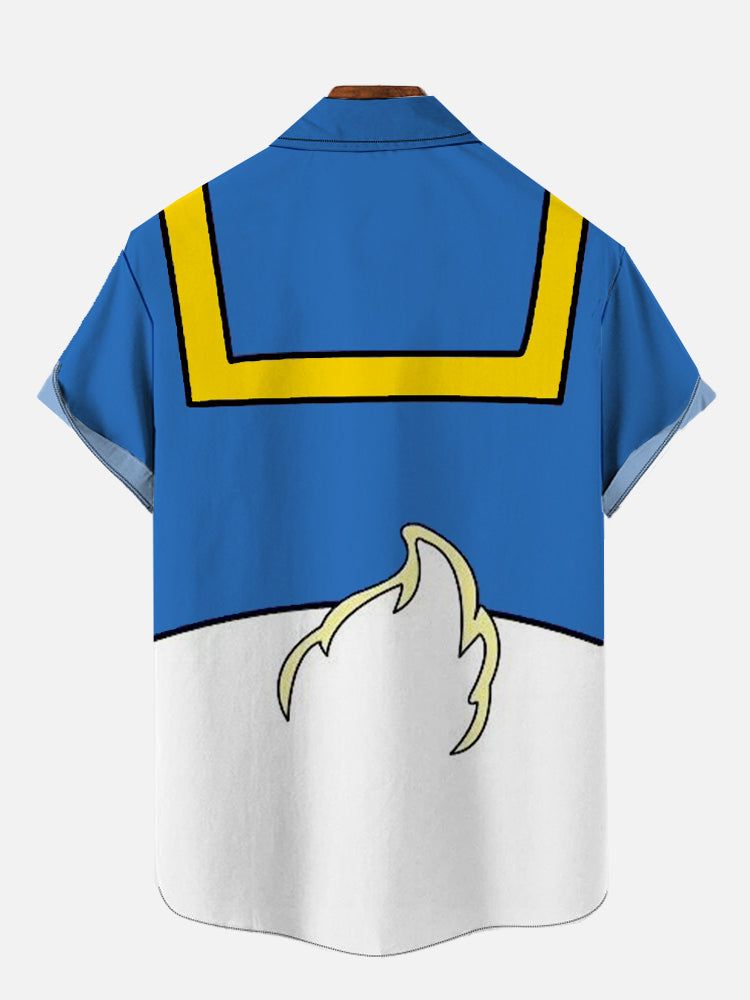 Blue And White Stitching Cartoon Duck Costume Short Sleeve Aloha Hawaiian Shirt
