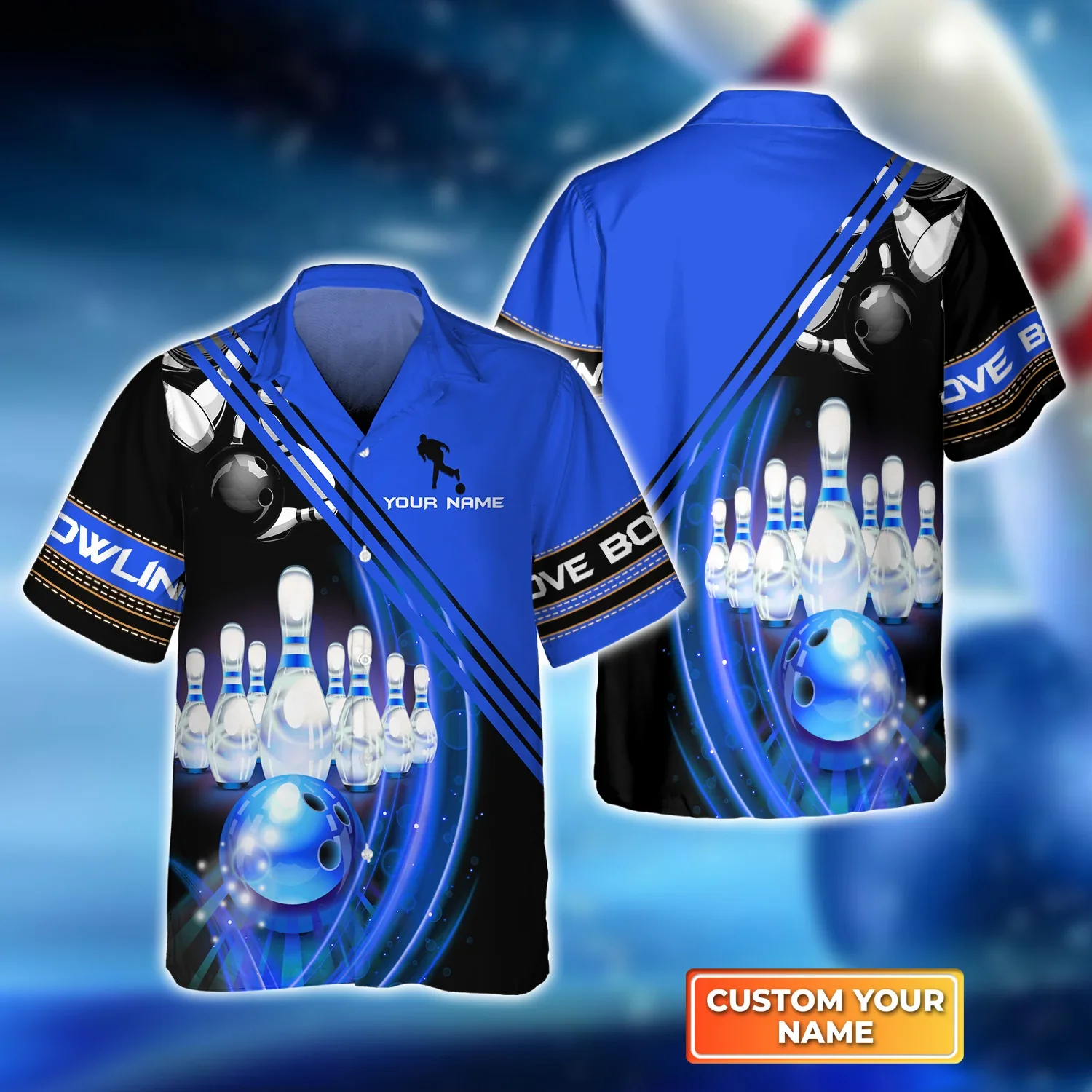 Blue Bowling Ball In Motion And The Pins Trendy Hawaiian Shirt, Bowling Trendy Hawaiian Shirt For Men, Women, Bowling Team
