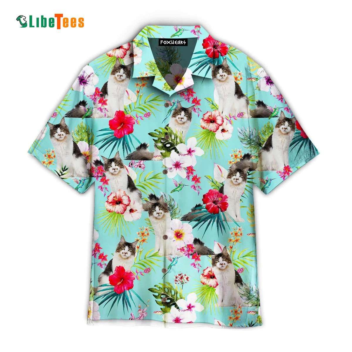 Blue Classic Tropical Maine Coon Cats Lover Pattern, Cat Trendy Hawaiian Shirt Perfect Gifts For Your Loved Ones