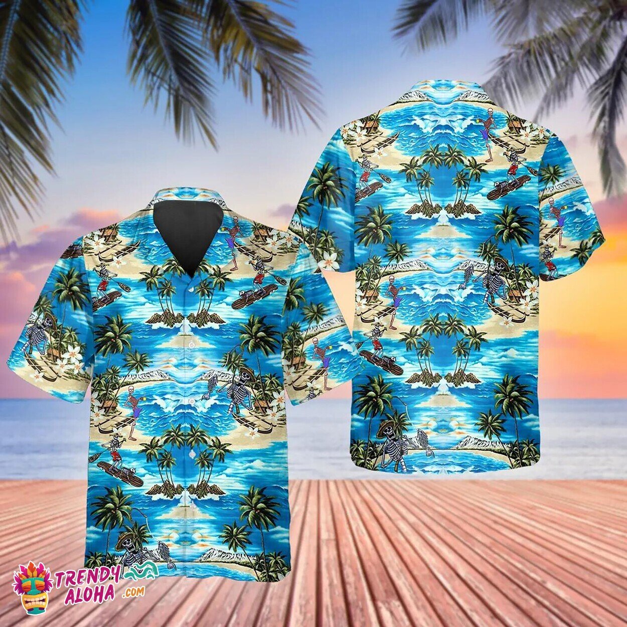 Blue Coastal Coconut Skull Summer Beach Bachelor Party Aloha Shirt