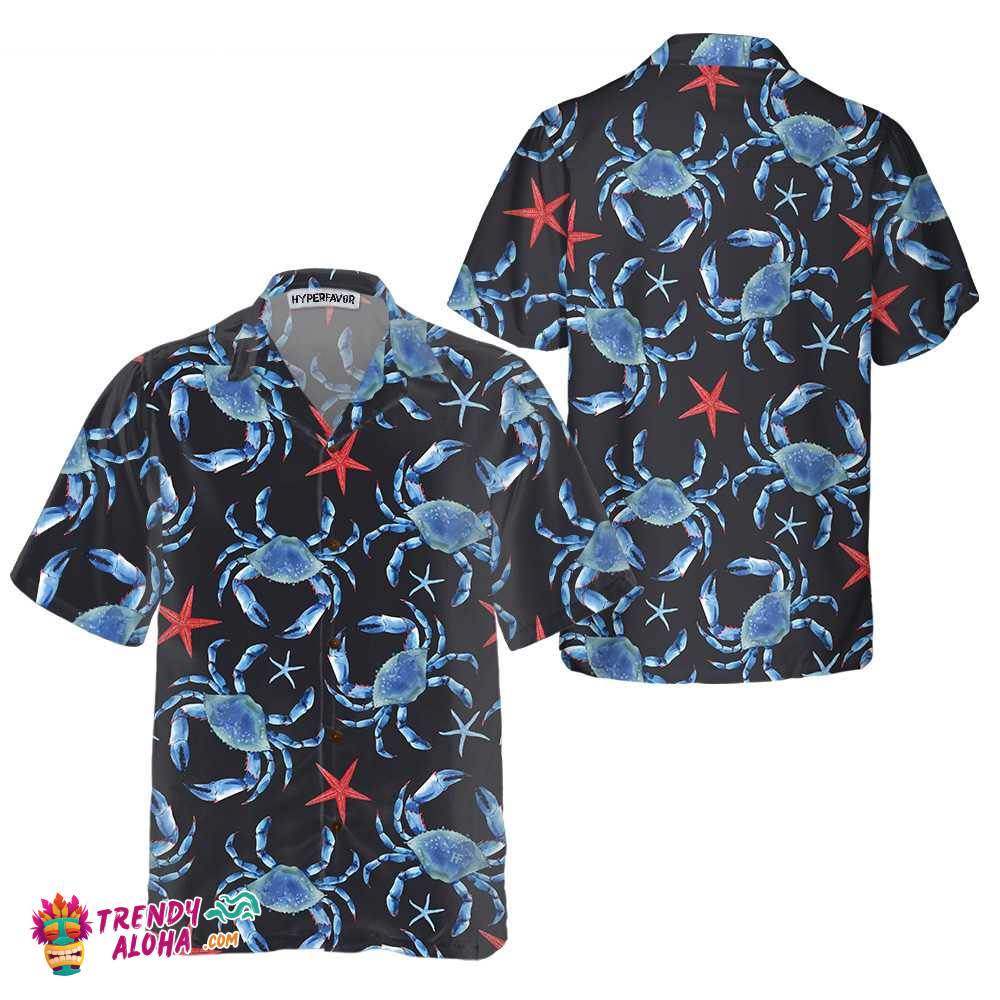 Blue Crab And Starfish Pattern Crab Hawaiian Shirt, Blue Crab Shirt For Men & Women, Best Crab Gift