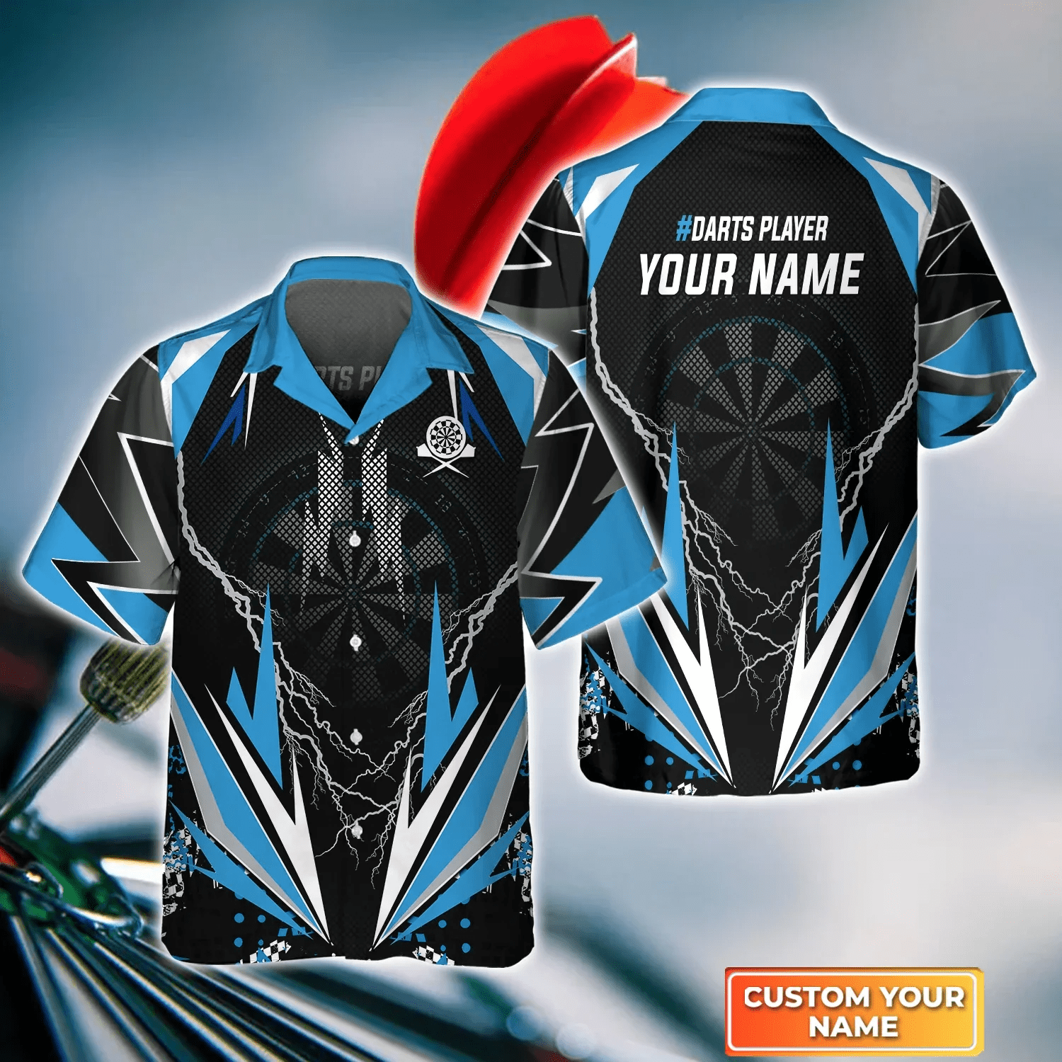 Blue Darts Thunder And Lightning Personalized Name 3D Trendy Hawaiian Shirt For Darts Player