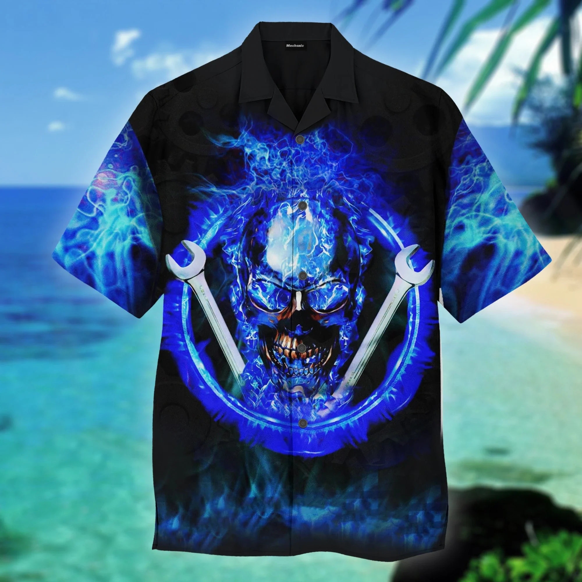 Blue Flamed Skull in Mechanic Hawaiian Odyssey