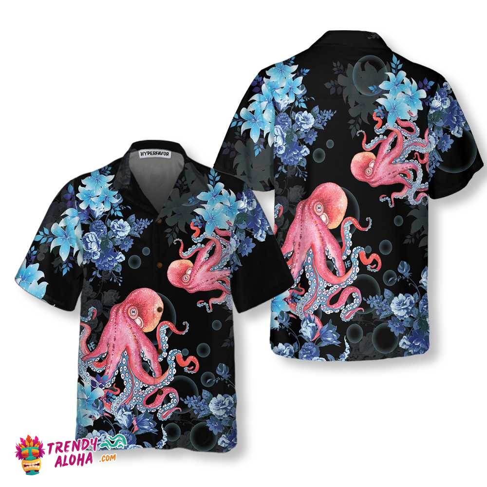 Blue Floral And Octopus Hawaiian Shirt, Short Sleeve Octopus Shirt For Men Blue Floral And Octopus Hawaiian Shirt, Short Sleeve Octopus Shirt For Men
