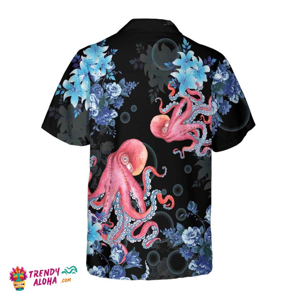 Blue Floral And Octopus Hawaiian Shirt, Short Sleeve Octopus Shirt For Men