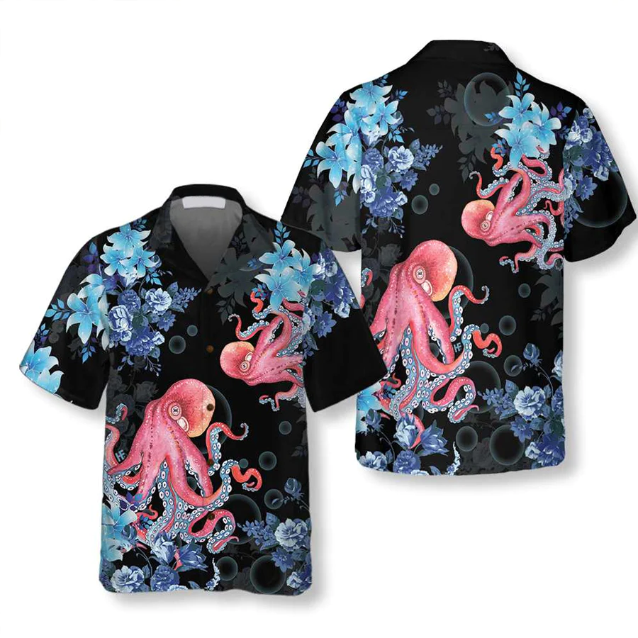 Blue Floral And Octopus Trendy Hawaiian Shirt, Short Sleeve Octopus Shirt For Men, Best Gift For Lover, Friend, Family