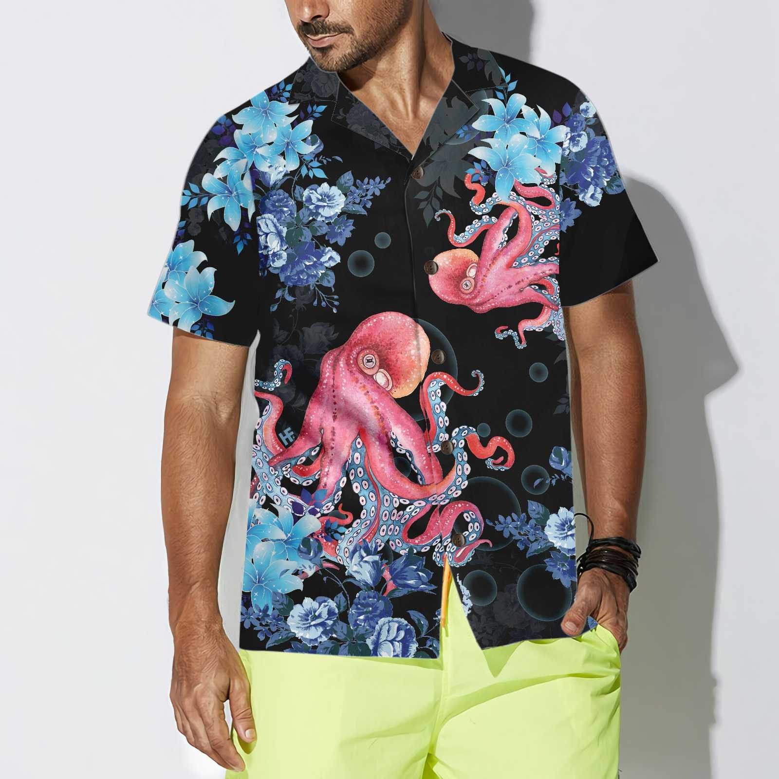 Blue Floral And Octopus Trendy Hawaiian Shirt, Short Sleeve Octopus Shirt For Men, Best Gift For Lover, Friend, Family