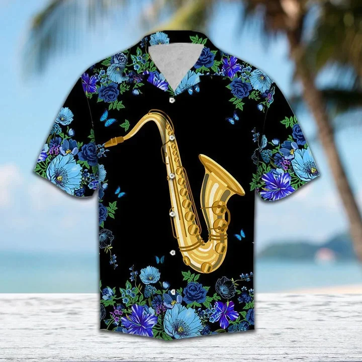 Blue Flower Frame Cover Saxophone On Black Pattern Trendy Hawaiian Shirt