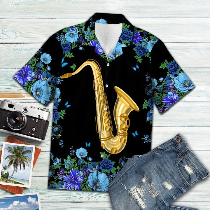 Blue Flower Frame Cover Saxophone On Black Pattern Trendy Hawaiian Shirt