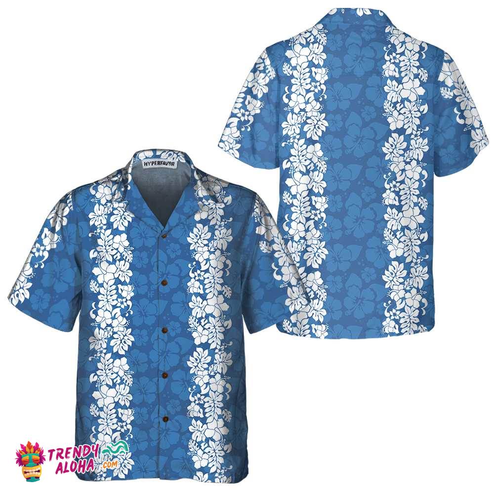 Blue Hibiscus Pattern Hawaiian Shirt, Short Sleeve Vintage White And Blue Hibiscus Print Shirt Blue Hibiscus Pattern Hawaiian Shirt, Short Sleeve Vintage White And Blue Hibiscus Print Shirt
