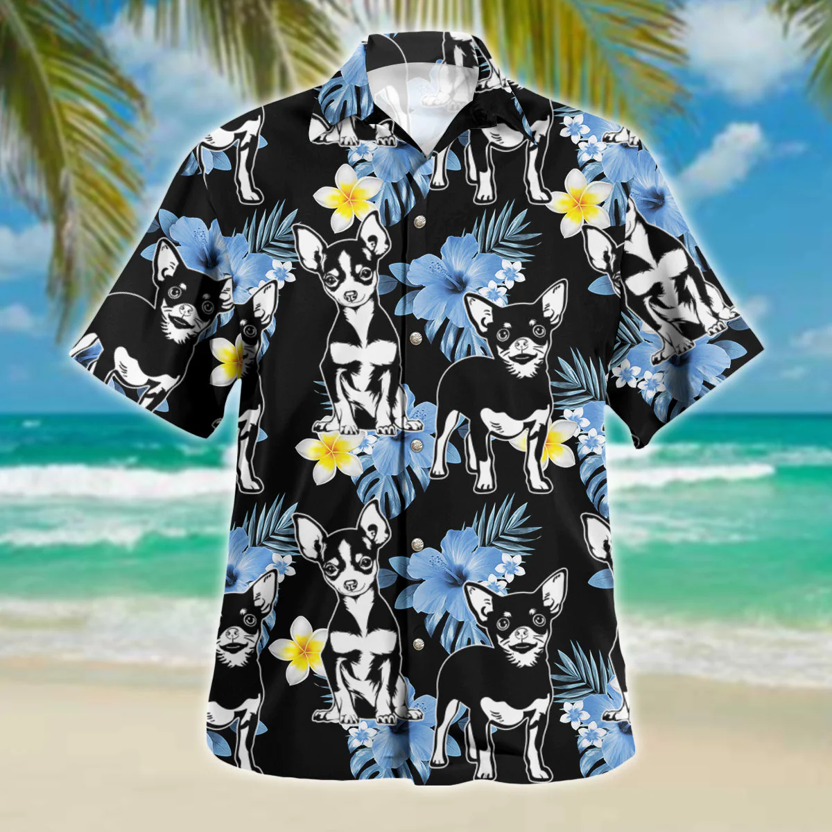 Blue Hibiscus Silhouette of Chihuahua Hawaiian Shirt