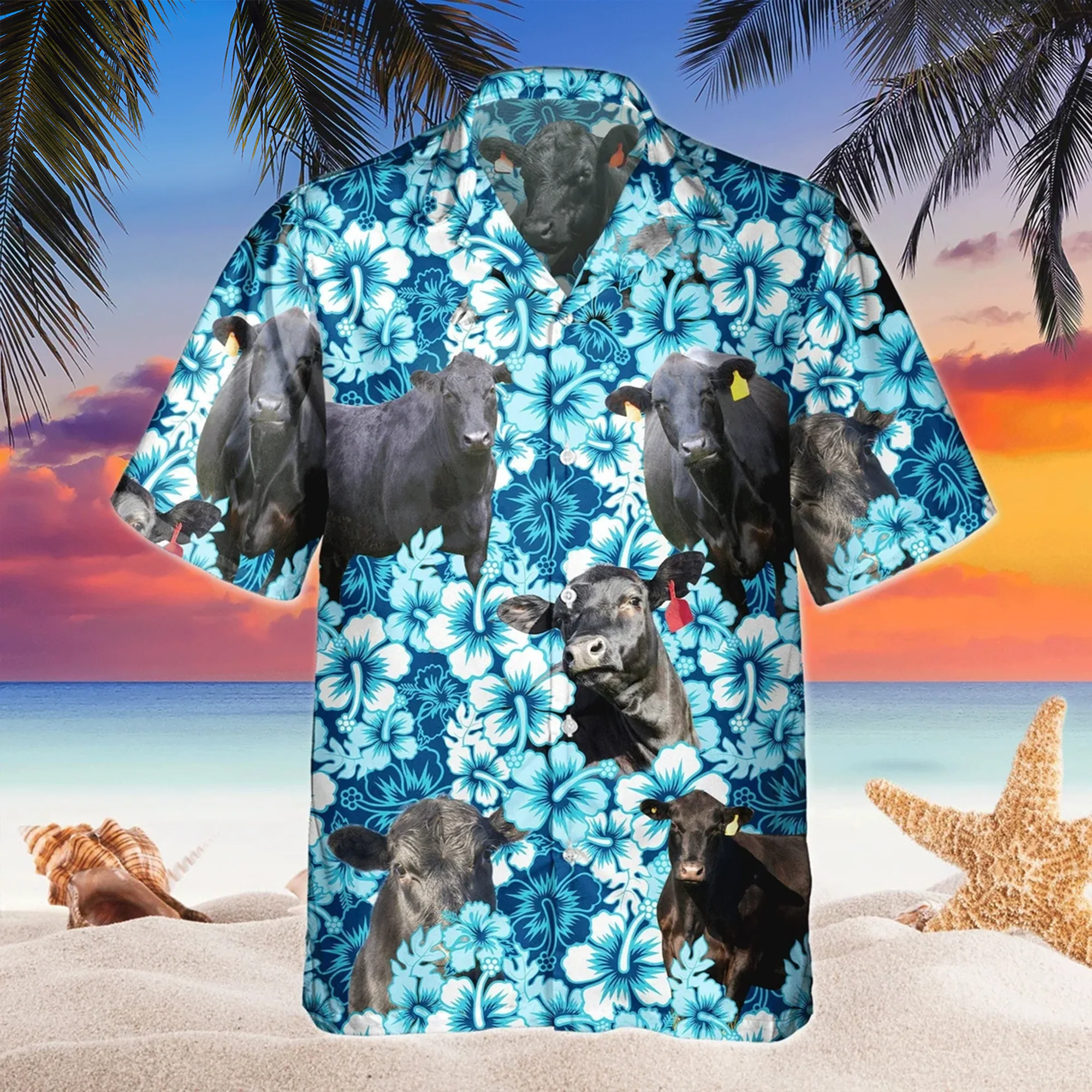 Blue Hibiscus Tropical Black Angus Cattle All Over Printed 3D Hawaiian Shirt