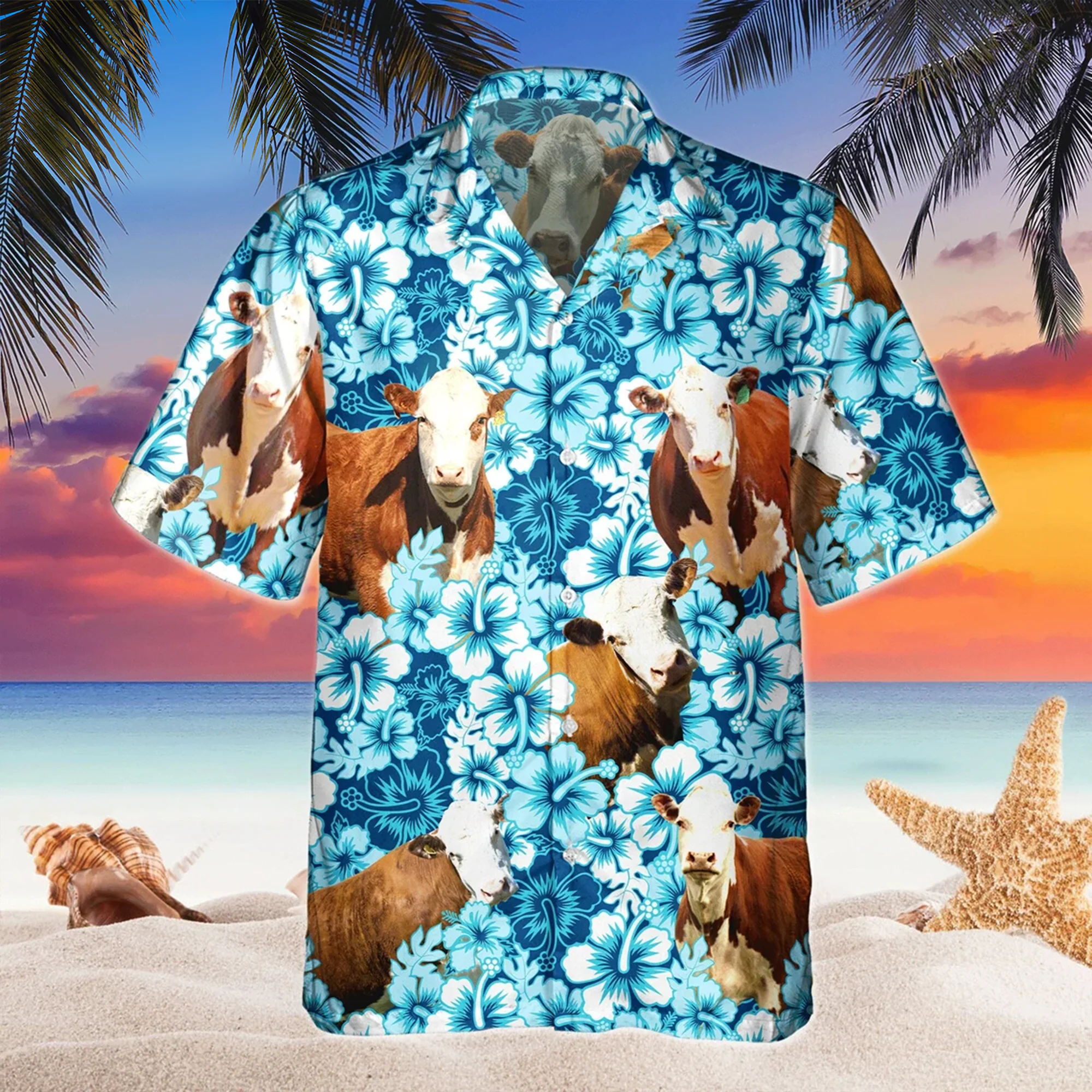 Blue Hibiscus Tropical Hereford Cattle All Over Printed 3D Hawaiian Shirt
