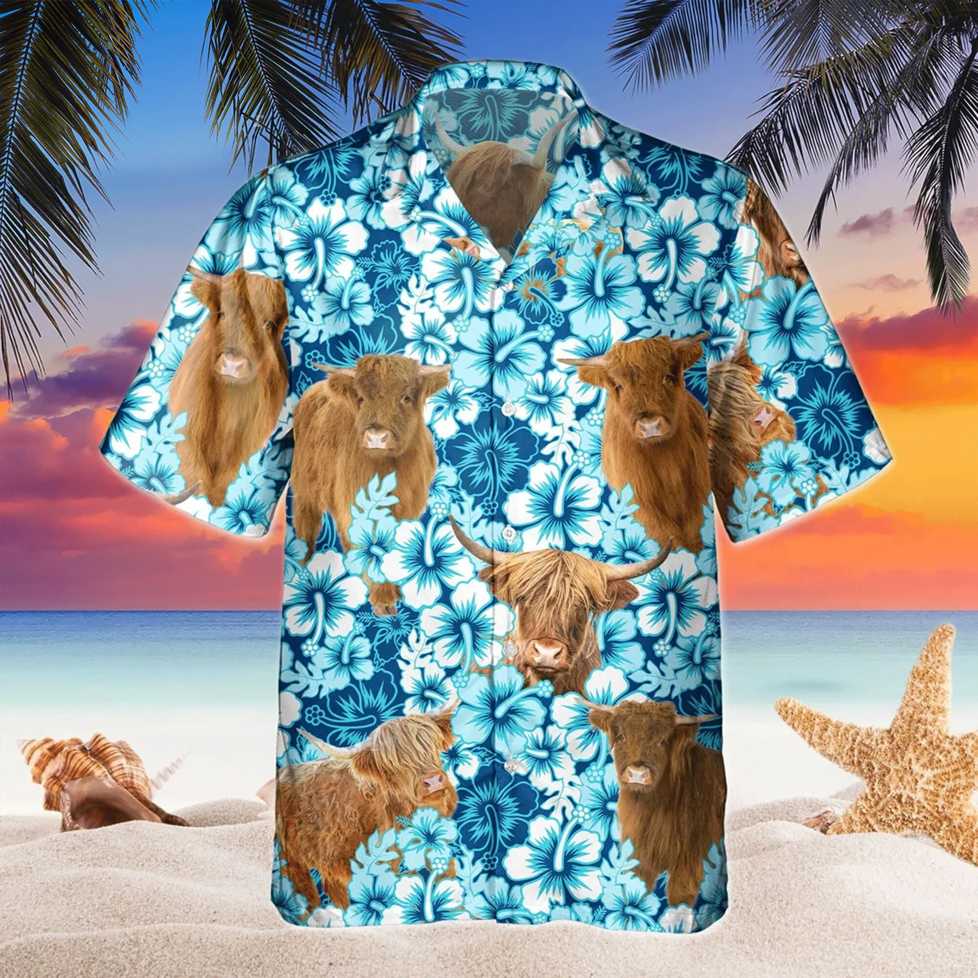 Blue Hibiscus Tropical Highland Cattle All Over Printed 3D Hawaiian Shirt