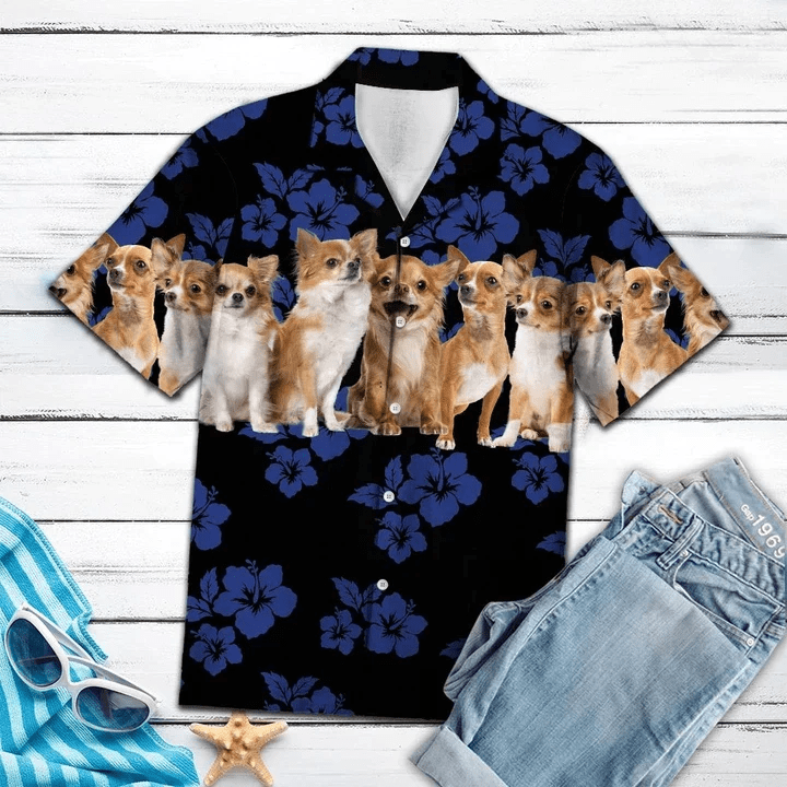 Blue Hibiscus With Chihuahua Dogs Trendy Hawaiian Shirt