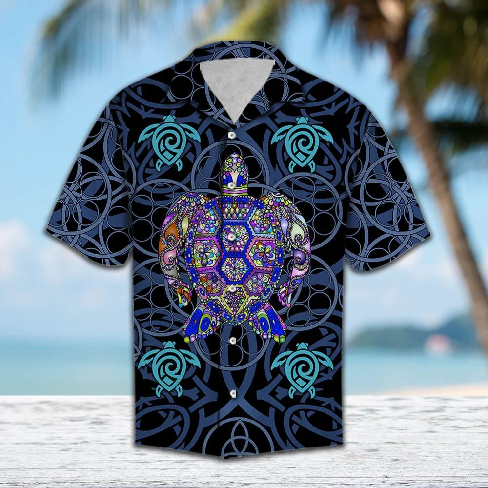 Blue Mandala Turtle Design in Hawaiian Shirt