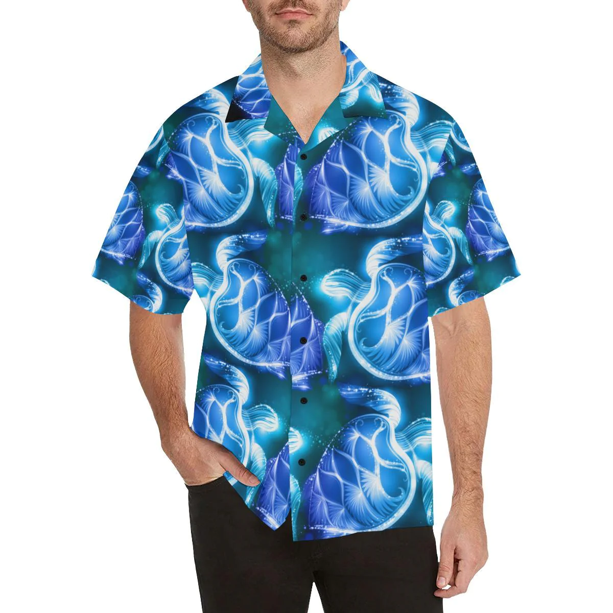 Blue Neon Sea Turtle Print Trendy Hawaiian Shirt, Turtle Lover Trendy Hawaiian Shirt For