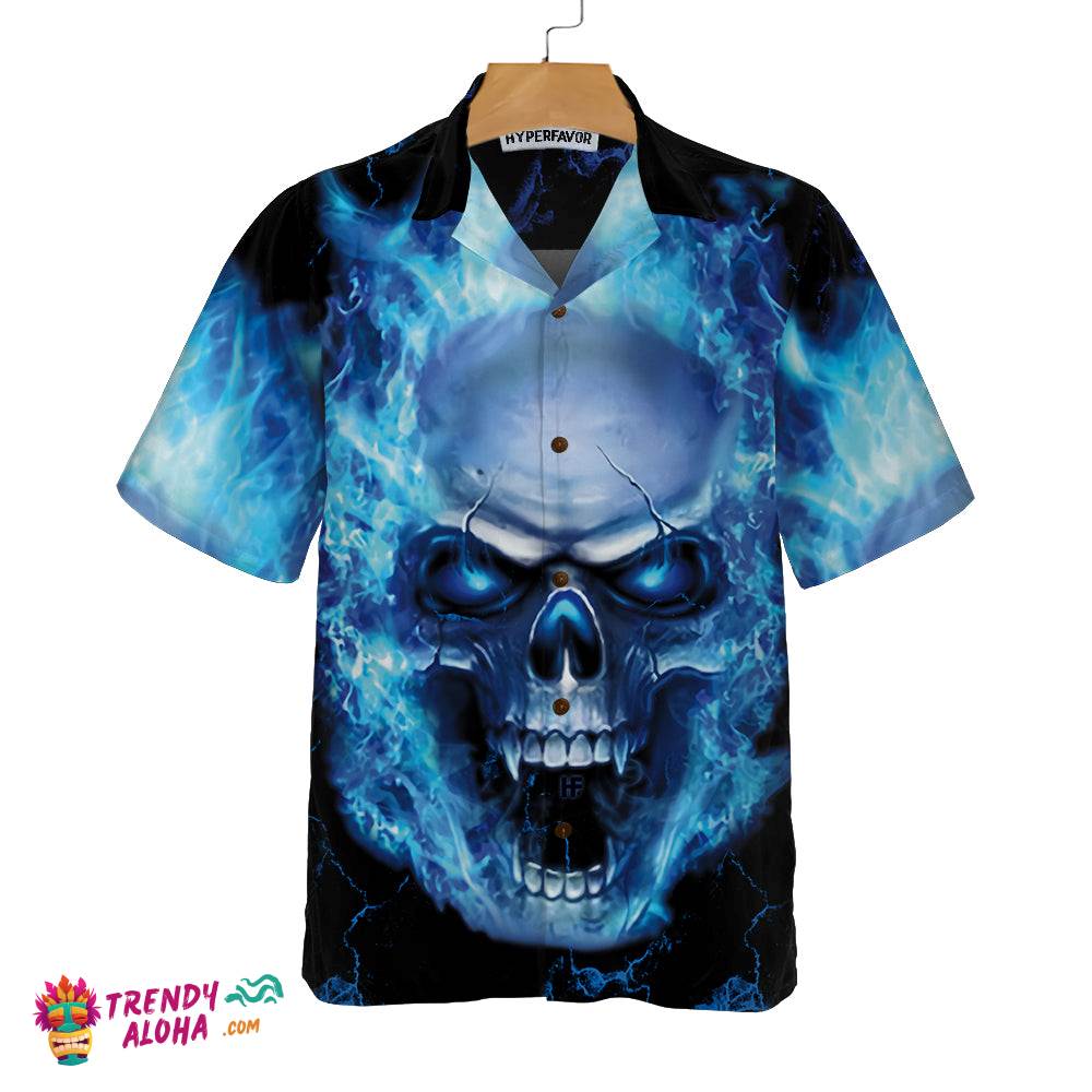 Blue Neon Skull Flame Hawaiian Shirt, 3D Blue Fire Skull Shirt
