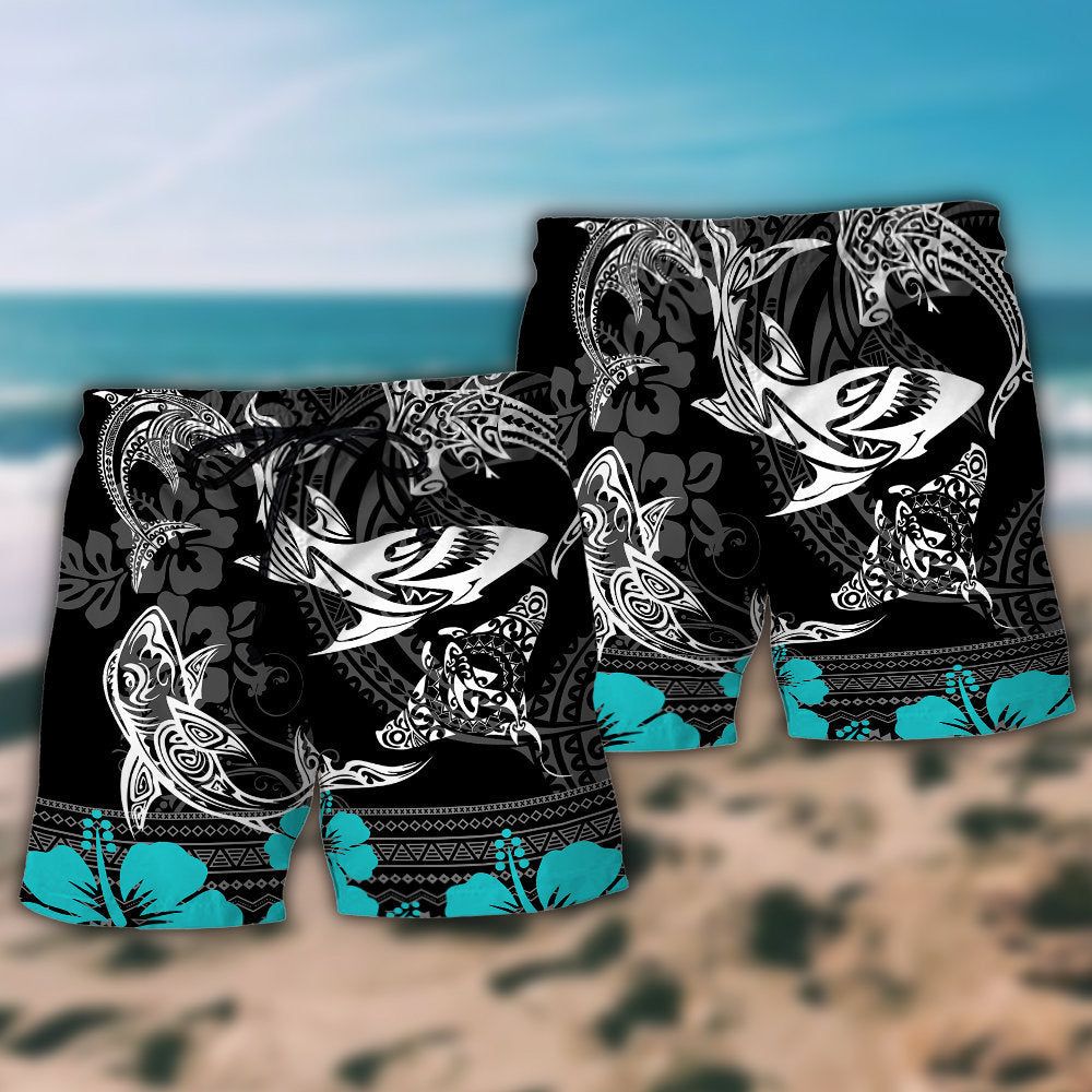 Blue Ocean Love Life Shark Pattern Trendy Aloha Hawaiian Beach Shorts