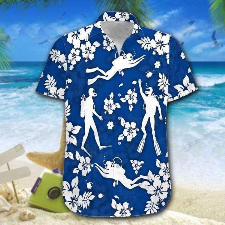 Blue Scuba Diving Hibiscus Trendy Hawaiian Shirt