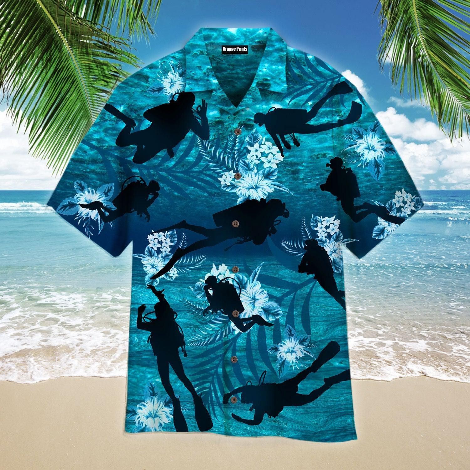 Blue Scuba Diving Hibiscus Trendy Hawaiian Shirt