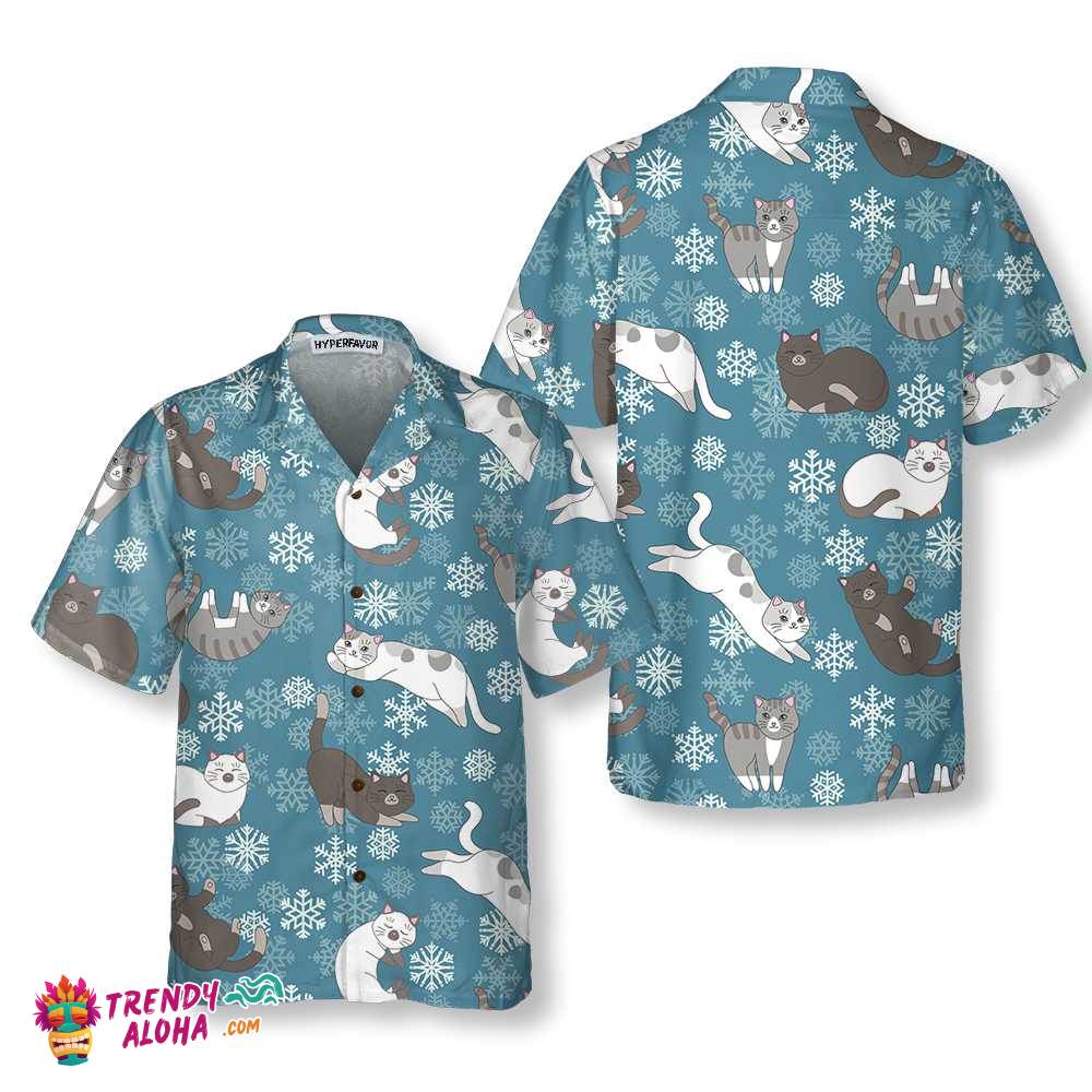 Blue Snowflakes Adorable Kittens Hawaiian Shirt, Funny Christmas Aloha Shirt Blue Snowflakes Adorable Kittens Hawaiian Shirt, Funny Christmas Aloha Shirt