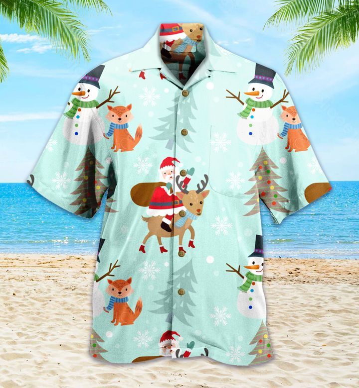 Blue Snowman and Santa Claus Fox Winter Hawaiian Shirt Ideal Gifts